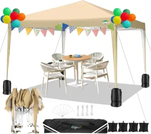 COBIZI 10x10 Pop Up Canopy Tent with 4 Sandbags, Easy Set Up Tent, Instant Outdoor Sun Shelter Canopy with 8 Stakes,4 Ropes&Carry Bag, Tent for Parties, Beach, Backyard,Camping（Khaki