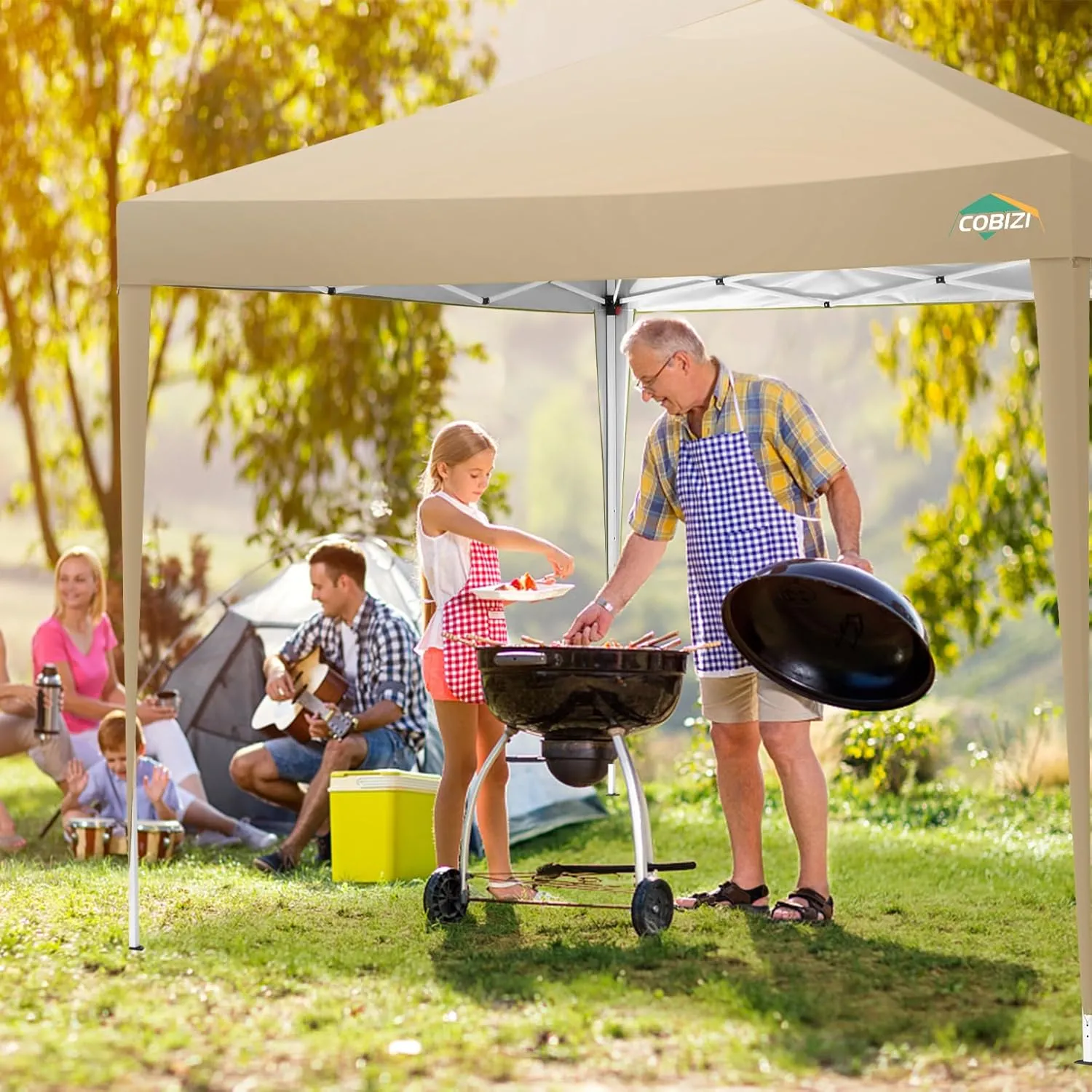 COBIZI 10x10 Pop Up Canopy Tent with 4 Sandbags, Easy Set Up Tent, Instant Outdoor Sun Shelter Canopy with 8 Stakes,4 Ropes&Carry Bag, Tent for Parties, Beach, Backyard,Camping（Khaki