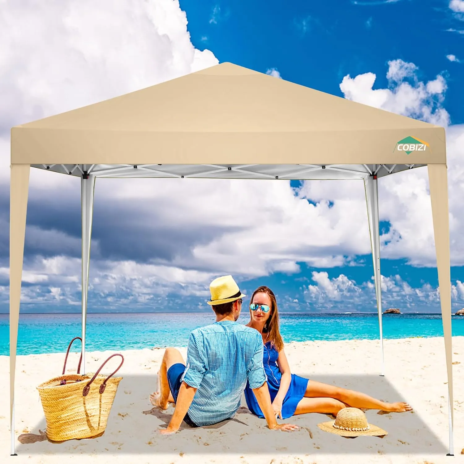 COBIZI 10x10 Pop Up Canopy Tent with 4 Sandbags, Easy Set Up Tent, Instant Outdoor Sun Shelter Canopy with 8 Stakes,4 Ropes&Carry Bag, Tent for Parties, Beach, Backyard,Camping（Khaki
