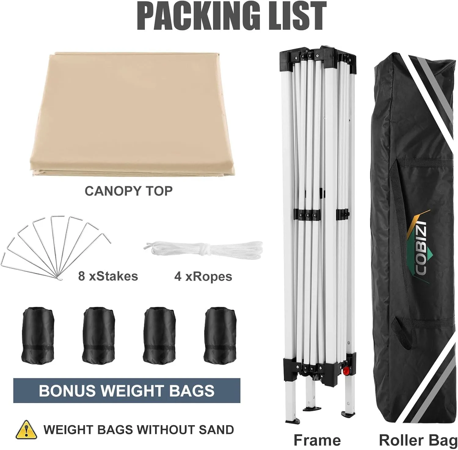COBIZI 10x10 Pop Up Canopy Tent with 4 Sandbags, Easy Set Up Tent, Instant Outdoor Sun Shelter Canopy with 8 Stakes,4 Ropes&Carry Bag, Tent for Parties, Beach, Backyard,Camping（Khaki