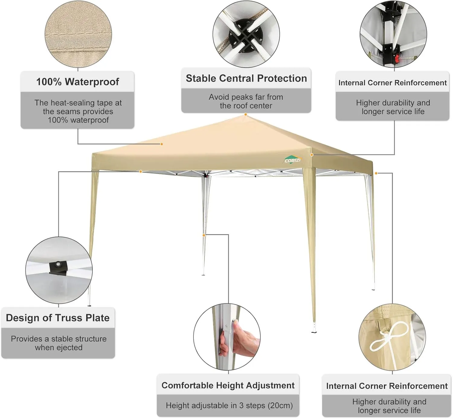 COBIZI 10x10 Pop Up Canopy Tent with 4 Sandbags, Easy Set Up Tent, Instant Outdoor Sun Shelter Canopy with 8 Stakes,4 Ropes&Carry Bag, Tent for Parties, Beach, Backyard,Camping（Khaki