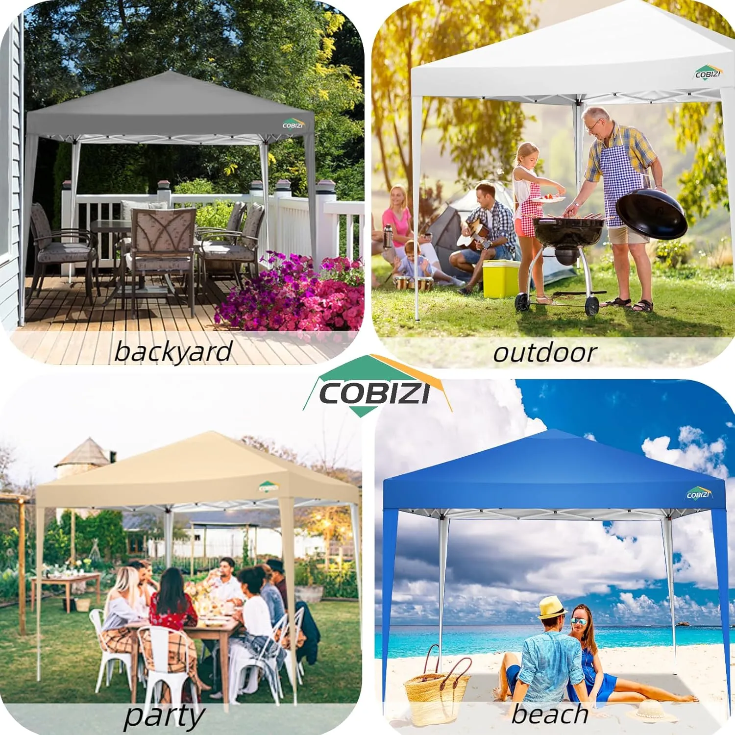 COBIZI 10x10 Pop Up Canopy Tent with 4 Sandbags, Easy Set Up Tent, Instant Outdoor Sun Shelter Canopy with 8 Stakes,4 Ropes&Carry Bag, Tent for Parties, Beach, Backyard,Camping（Khaki
