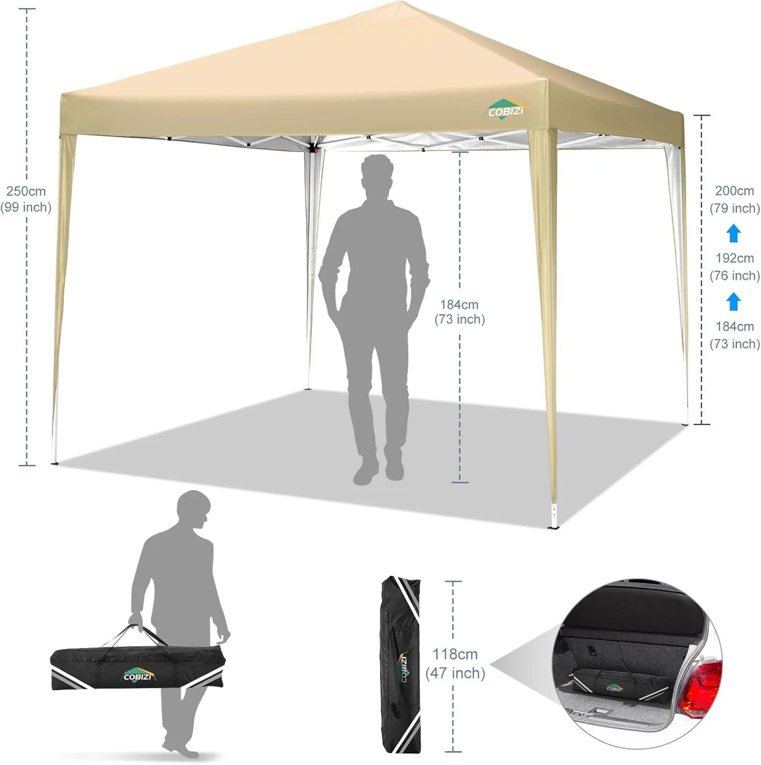 COBIZI 10x10 Pop Up Canopy Tent with 4 Sandbags, Easy Set Up Tent, Instant Outdoor Sun Shelter Canopy with 8 Stakes,4 Ropes&Carry Bag, Tent for Parties, Beach, Backyard,Camping（Khaki