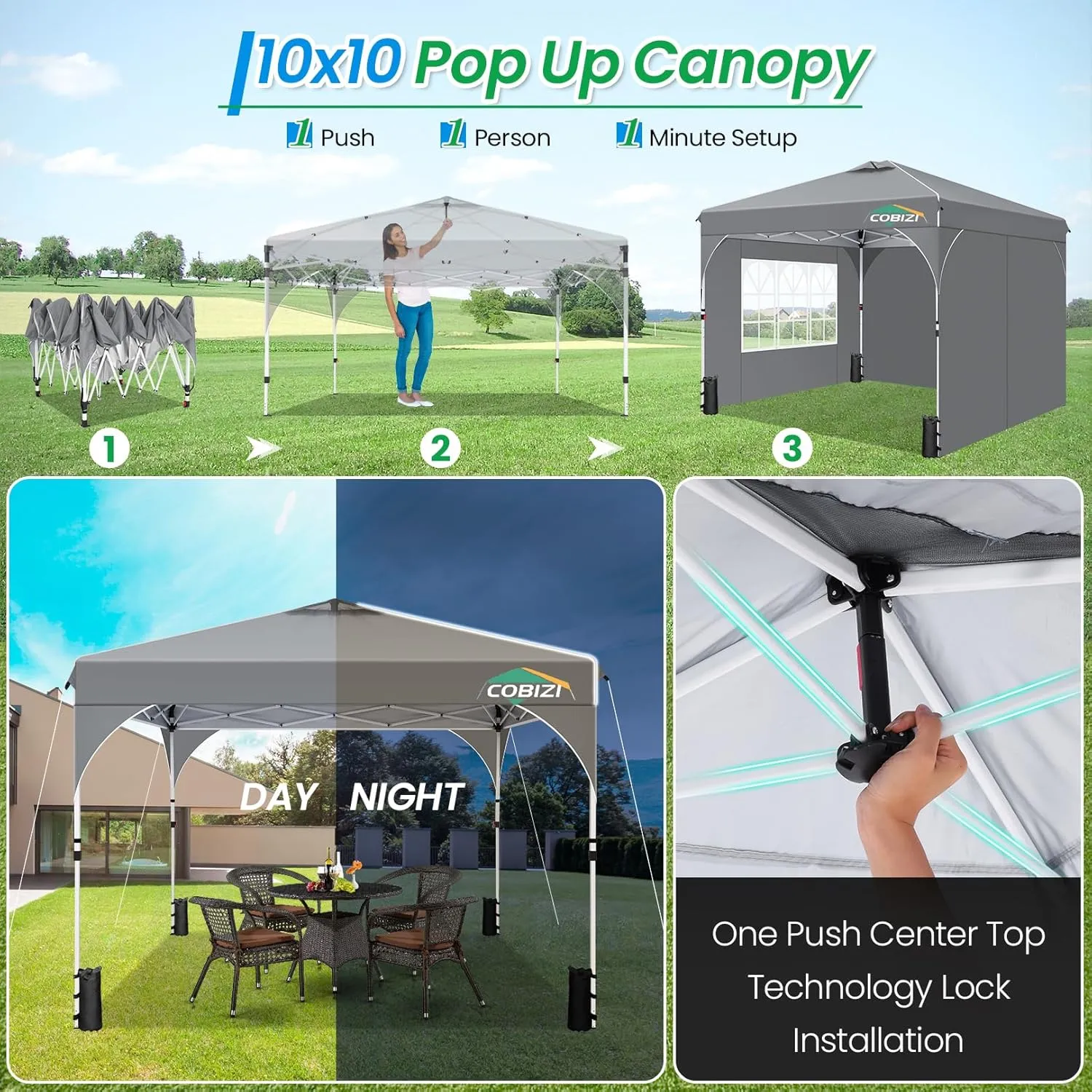 COBIZI 10x10 Pop Up Canopy with 3 Removable Sidewalls, Easy Pop Up Comercial Instant Canopy with One Push Center Lock, Waterproof Canopy with Sidewalls for Event, Rope & Stakes & Sandbags, Grey