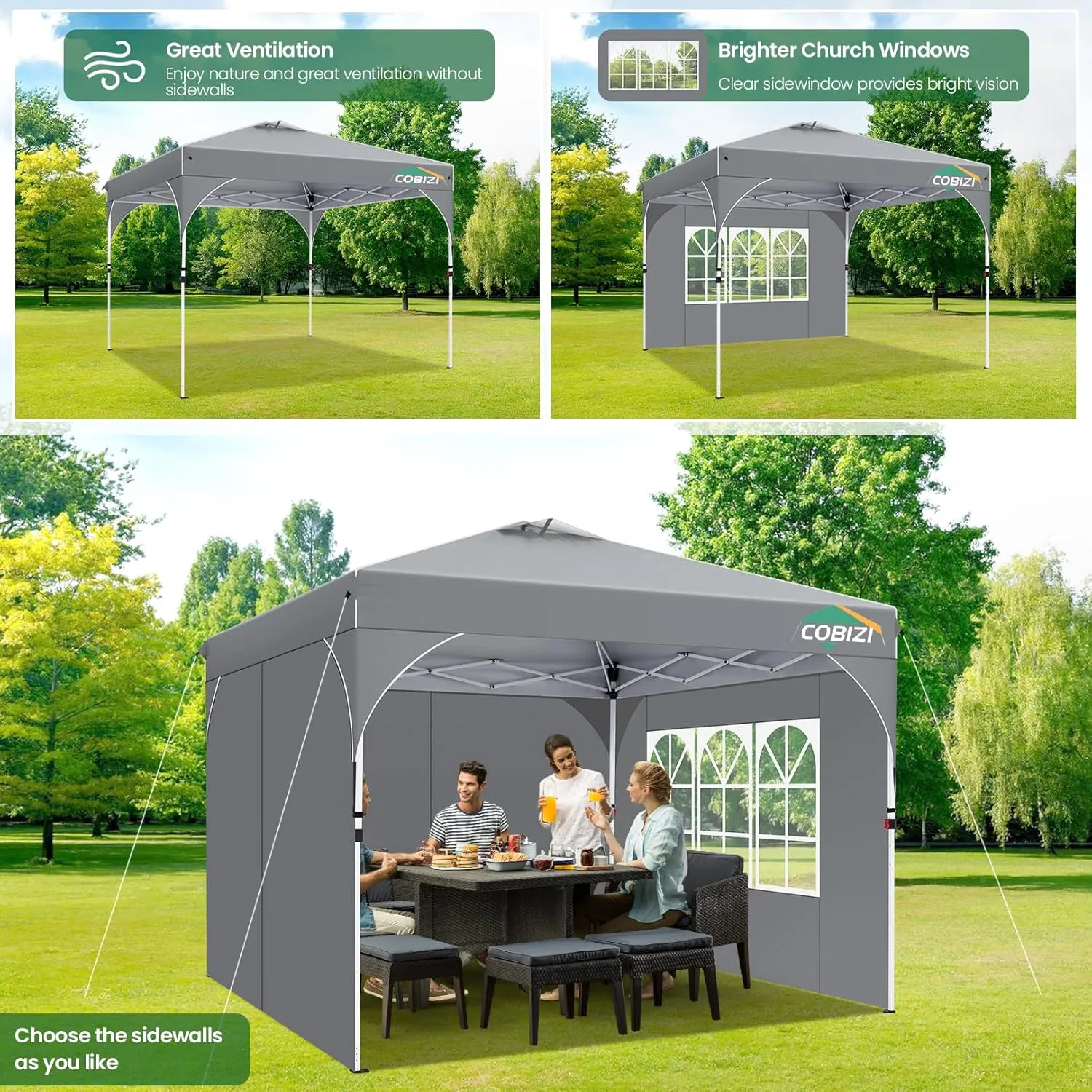 COBIZI 10x10 Pop Up Canopy with 3 Removable Sidewalls, Easy Pop Up Comercial Instant Canopy with One Push Center Lock, Waterproof Canopy with Sidewalls for Event, Rope & Stakes & Sandbags, Grey