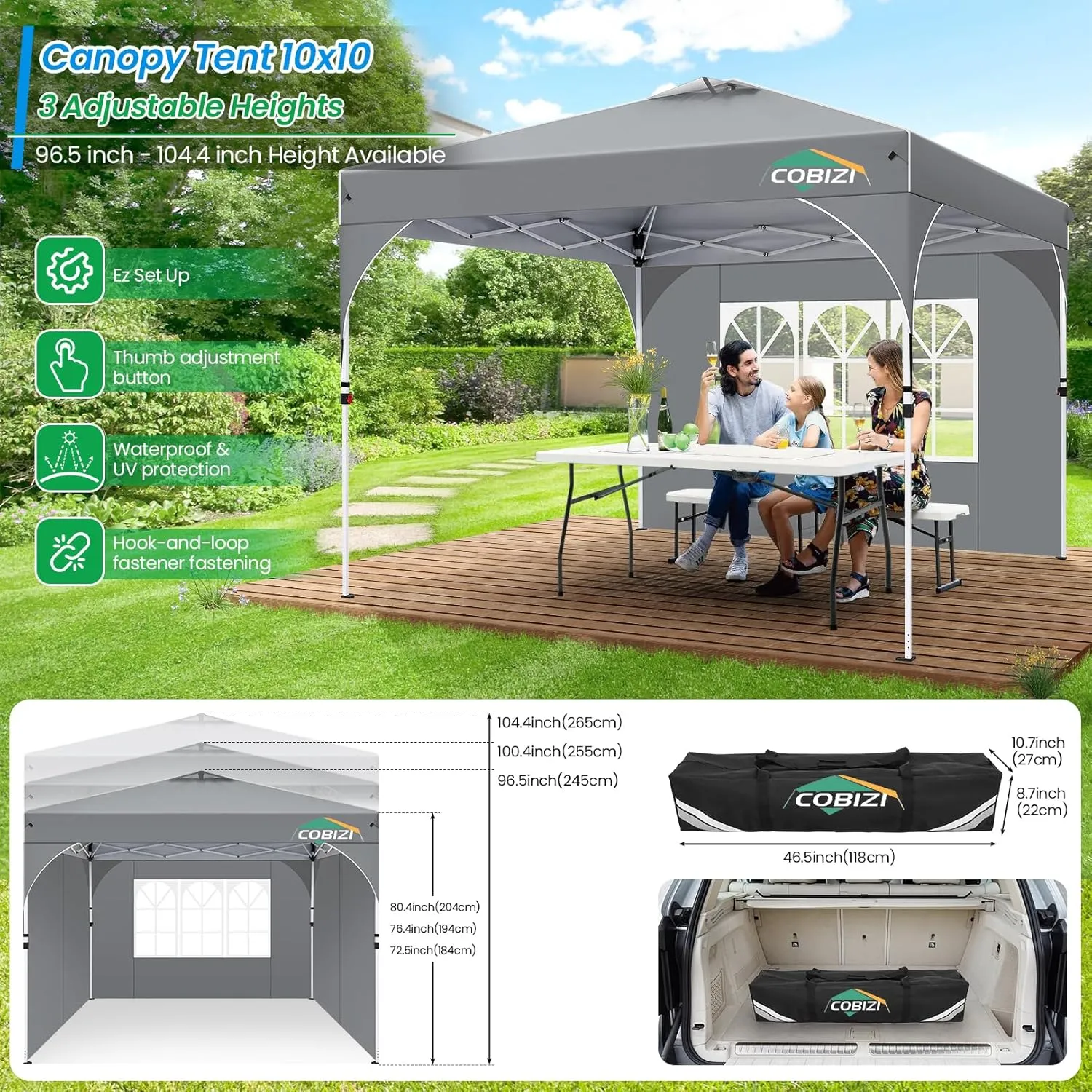COBIZI 10x10 Pop Up Canopy with 3 Removable Sidewalls, Easy Pop Up Comercial Instant Canopy with One Push Center Lock, Waterproof Canopy with Sidewalls for Event, Rope & Stakes & Sandbags, Grey