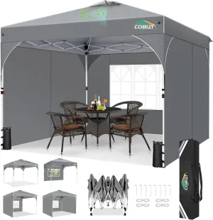 COBIZI 10x10 Pop Up Canopy with 3 Removable Sidewalls, Easy Pop Up Comercial Instant Canopy with One Push Center Lock, Waterproof Canopy with Sidewalls for Event, Rope & Stakes & Sandbags, Grey