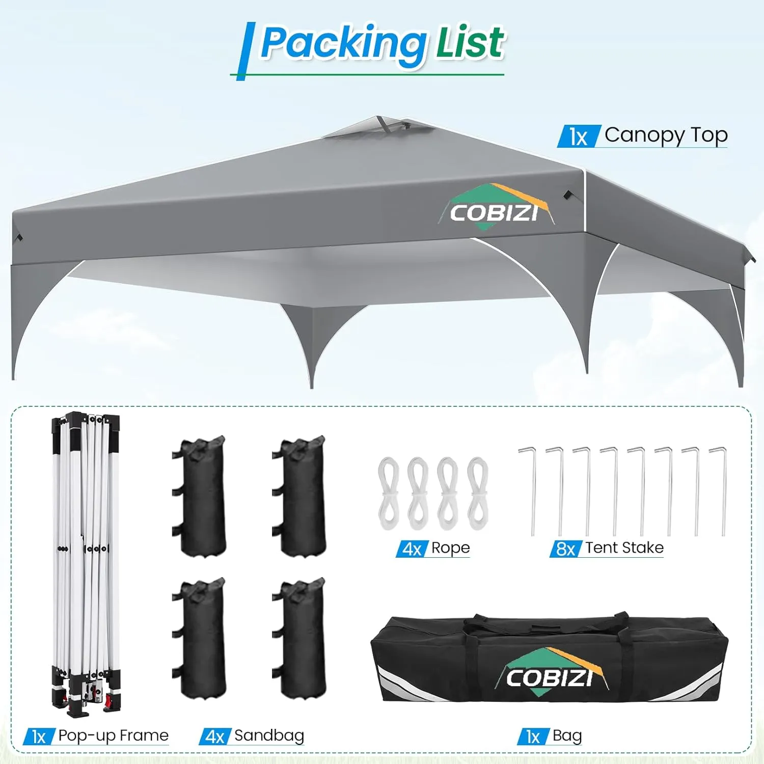 COBIZI 10x10 Pop Up Canopy with 3 Removable Sidewalls, Easy Pop Up Comercial Instant Canopy with One Push Center Lock, Waterproof Canopy with Sidewalls for Event, Rope & Stakes & Sandbags, Grey
