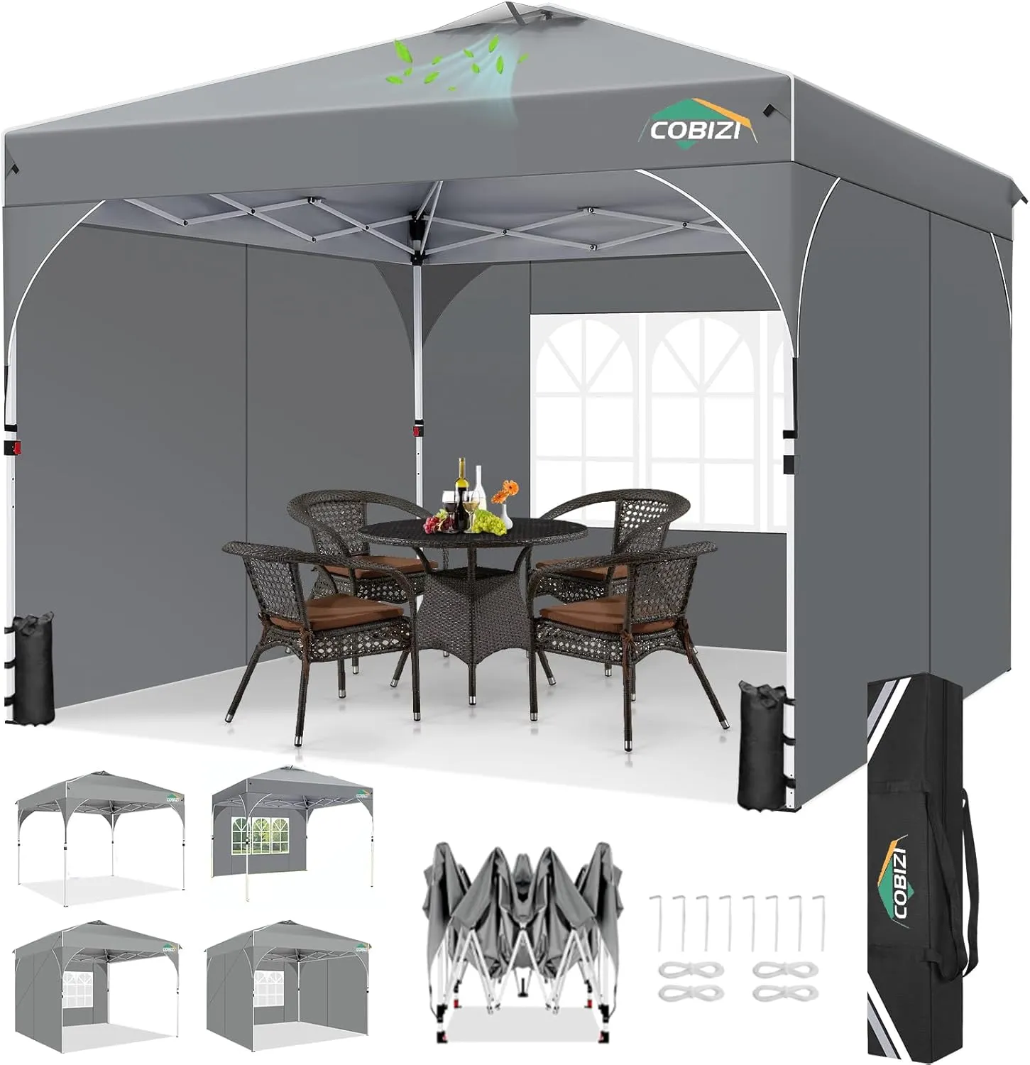 COBIZI 10x10 Pop Up Canopy with 3 Removable Sidewalls, Easy Pop Up Comercial Instant Canopy with One Push Center Lock, Waterproof Canopy with Sidewalls for Event, Rope & Stakes & Sandbags, Grey