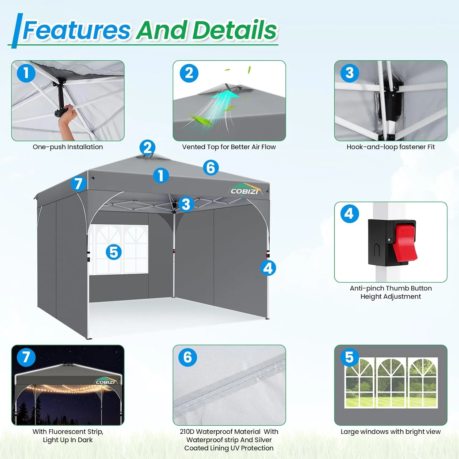 COBIZI 10x10 Pop Up Canopy with 3 Removable Sidewalls, Easy Pop Up Comercial Instant Canopy with One Push Center Lock, Waterproof Canopy with Sidewalls for Event, Rope & Stakes & Sandbags, Grey