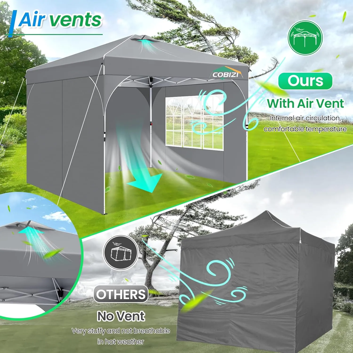 COBIZI 10x10 Pop Up Canopy with 3 Removable Sidewalls, Easy Pop Up Comercial Instant Canopy with One Push Center Lock, Waterproof Canopy with Sidewalls for Event, Rope & Stakes & Sandbags, Grey