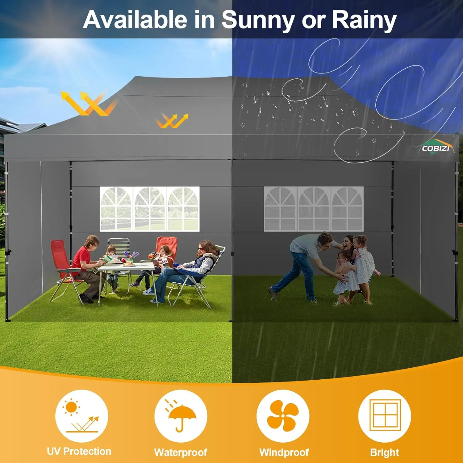 COBIZI 10x20 Pop up Canopy Tent with 6 Sidewalls - Waterproof Heavy Duty Gazebo for Parties, Outdoor Tent, Carry Bag with Wheel (10x20ft, Gray)