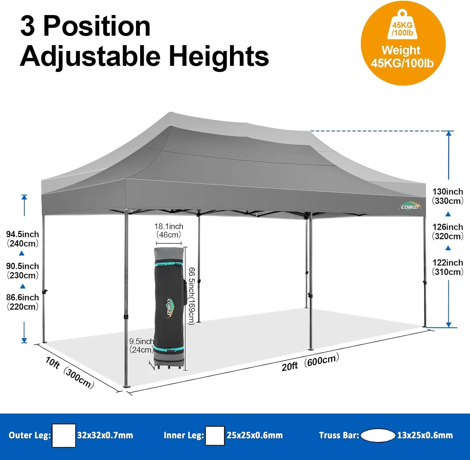 COBIZI 10x20 Pop up Canopy Tent with 6 Sidewalls - Waterproof Heavy Duty Gazebo for Parties, Outdoor Tent, Carry Bag with Wheel (10x20ft, Gray)