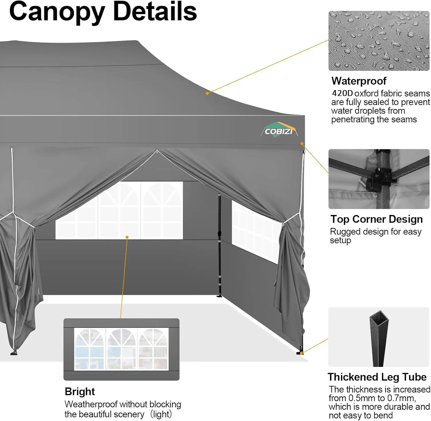 COBIZI 10x20 Pop up Canopy Tent with 6 Sidewalls - Waterproof Heavy Duty Gazebo for Parties, Outdoor Tent, Carry Bag with Wheel (10x20ft, Gray)