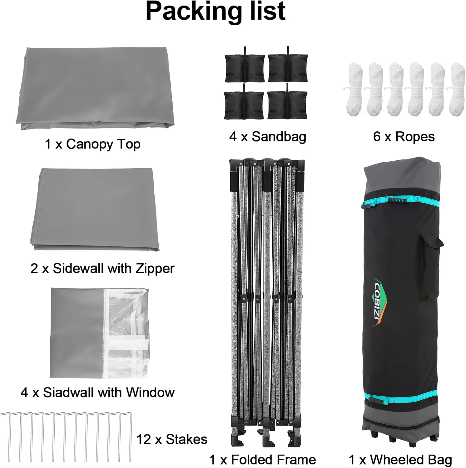 COBIZI 10x20 Pop up Canopy Tent with 6 Sidewalls - Waterproof Heavy Duty Gazebo for Parties, Outdoor Tent, Carry Bag with Wheel (10x20ft, Gray)