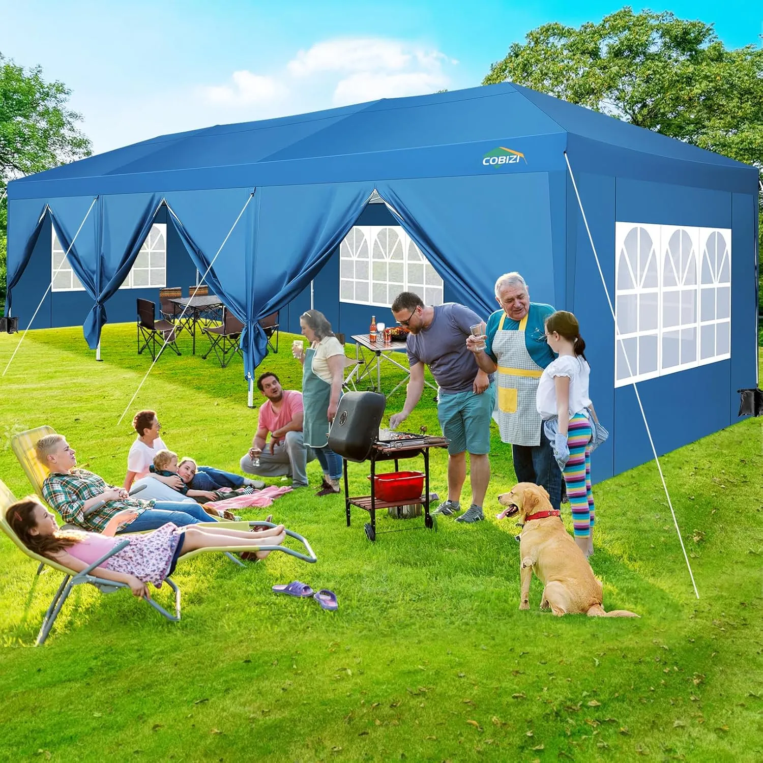 COBIZI 10x30 Canopy Party Tent with 8 Walls 10x30 Pop Up Tent for Parties Waterproof UPF 50  Outdoor Commercial Event Tent for Party Backyard Gazebo Canopy with Sidewalls & Sandbags(Blue,10x30ft