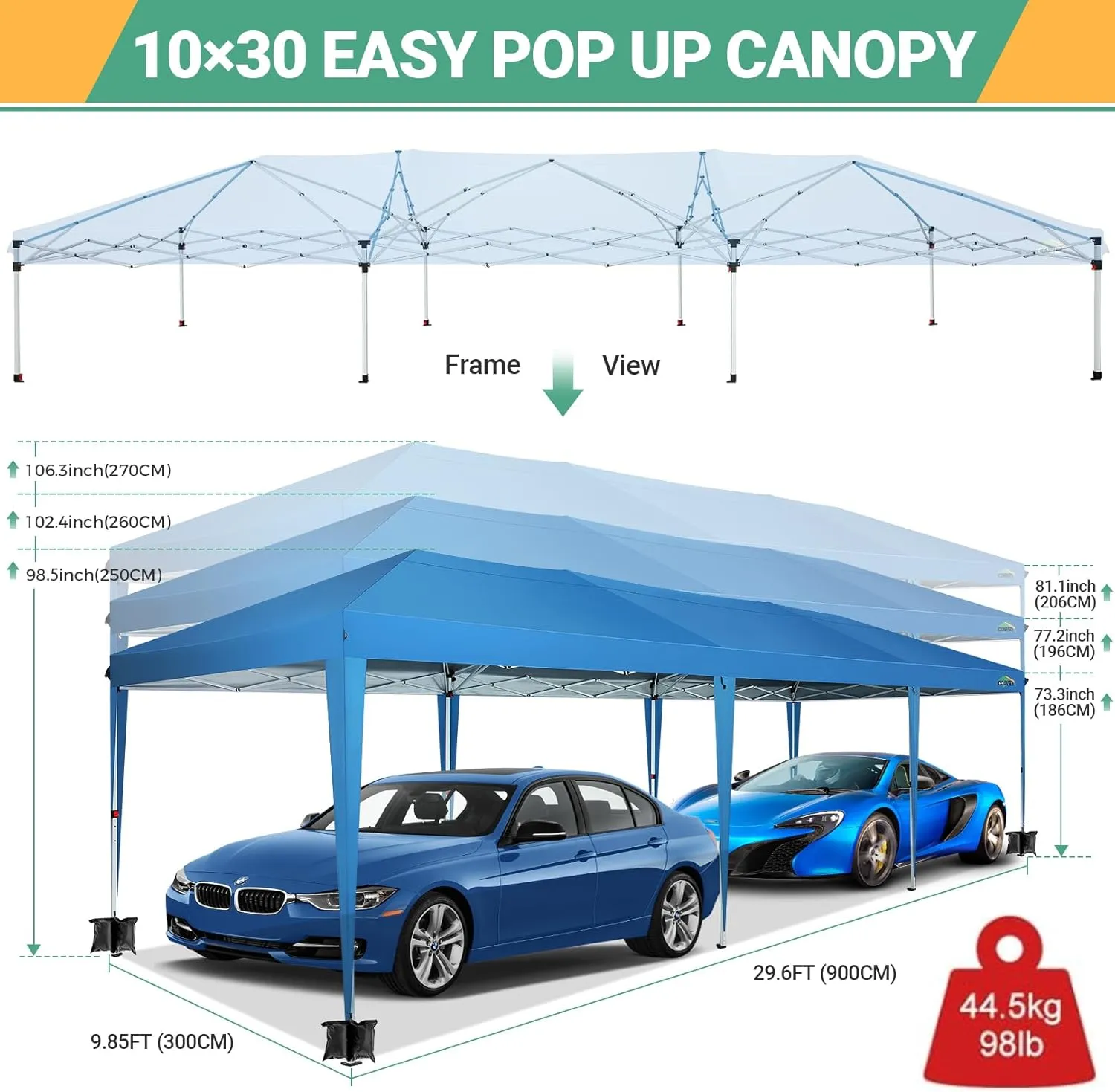 COBIZI 10x30 Canopy Party Tent with 8 Walls 10x30 Pop Up Tent for Parties Waterproof UPF 50  Outdoor Commercial Event Tent for Party Backyard Gazebo Canopy with Sidewalls & Sandbags(Blue,10x30ft