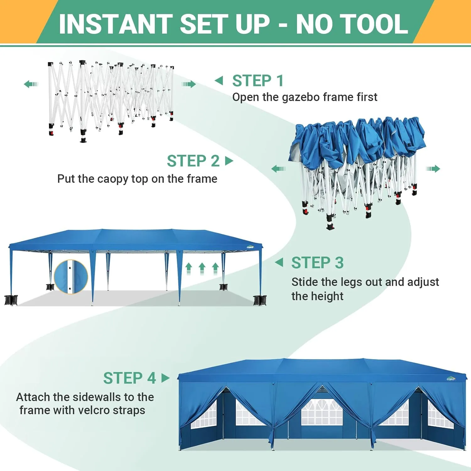 COBIZI 10x30 Canopy Party Tent with 8 Walls 10x30 Pop Up Tent for Parties Waterproof UPF 50  Outdoor Commercial Event Tent for Party Backyard Gazebo Canopy with Sidewalls & Sandbags(Blue,10x30ft