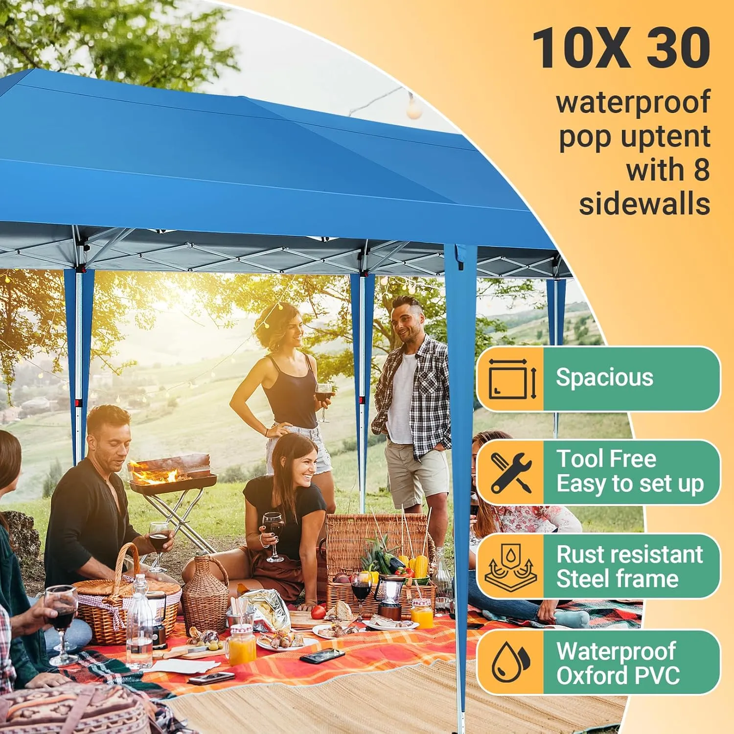 COBIZI 10x30 Canopy Party Tent with 8 Walls 10x30 Pop Up Tent for Parties Waterproof UPF 50  Outdoor Commercial Event Tent for Party Backyard Gazebo Canopy with Sidewalls & Sandbags(Blue,10x30ft