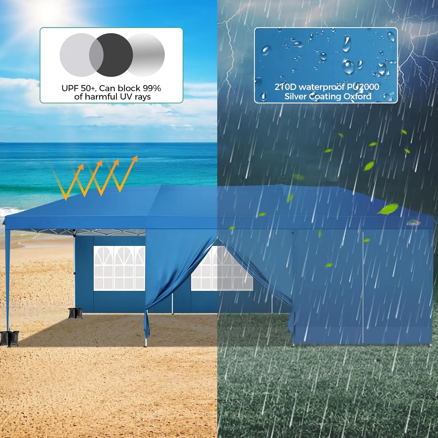 COBIZI 10x30 Canopy Party Tent with 8 Walls 10x30 Pop Up Tent for Parties Waterproof UPF 50  Outdoor Commercial Event Tent for Party Backyard Gazebo Canopy with Sidewalls & Sandbags(Blue,10x30ft