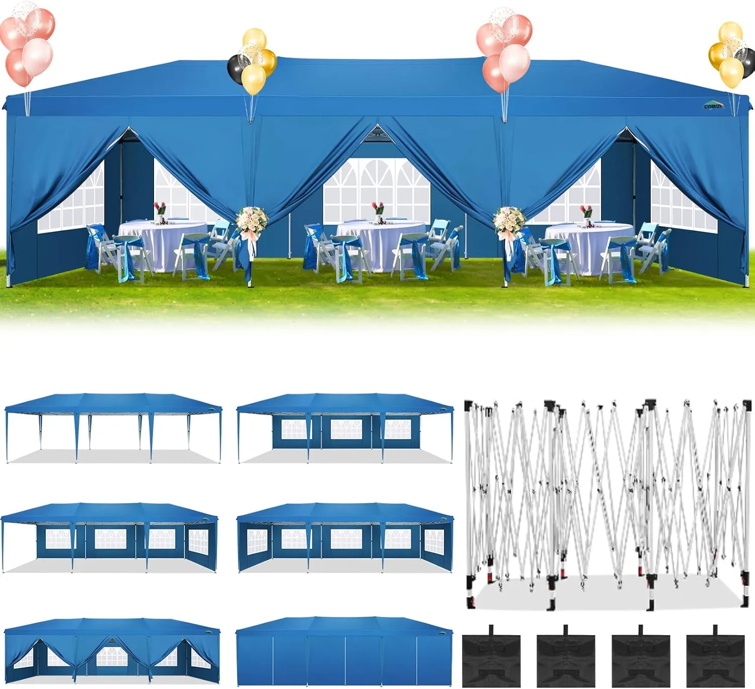 COBIZI 10x30 Canopy Party Tent with 8 Walls 10x30 Pop Up Tent for Parties Waterproof UPF 50  Outdoor Commercial Event Tent for Party Backyard Gazebo Canopy with Sidewalls & Sandbags(Blue,10x30ft