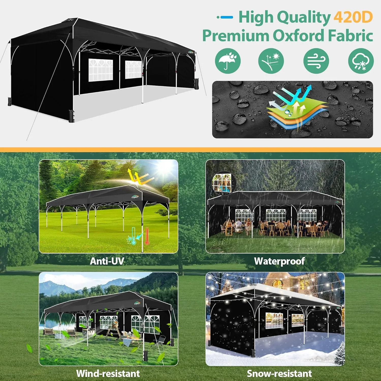 COBIZI 10x30 Party Tent: 10x30 Pop Up Canopy with Wheeled Bag - Tents for Parties with Patented Center-Lock Tech, 420D Waterproof Fabric, Easy Setup Canopy Tent with Removable Sidewalls, (Black)
