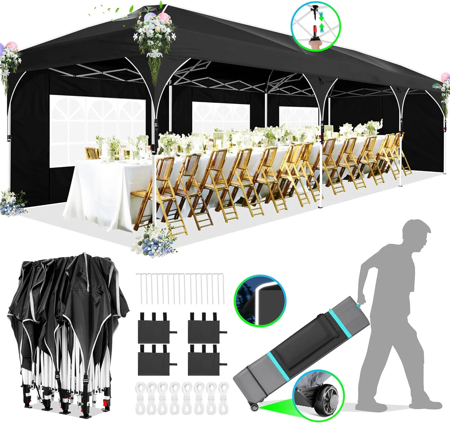 COBIZI 10x30 Party Tent: 10x30 Pop Up Canopy with Wheeled Bag - Tents for Parties with Patented Center-Lock Tech, 420D Waterproof Fabric, Easy Setup Canopy Tent with Removable Sidewalls, (Black)