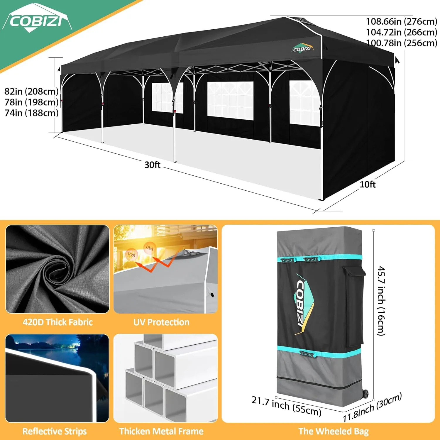 COBIZI 10x30 Party Tent: 10x30 Pop Up Canopy with Wheeled Bag - Tents for Parties with Patented Center-Lock Tech, 420D Waterproof Fabric, Easy Setup Canopy Tent with Removable Sidewalls, (Black)
