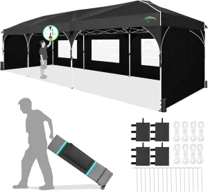 COBIZI 10x30 Party Tent: 10x30 Pop Up Canopy with Wheeled Bag - Tents for Parties with Patented Center-Lock Tech, 420D Waterproof Fabric, Easy Setup Canopy Tent with Removable Sidewalls, (Black)