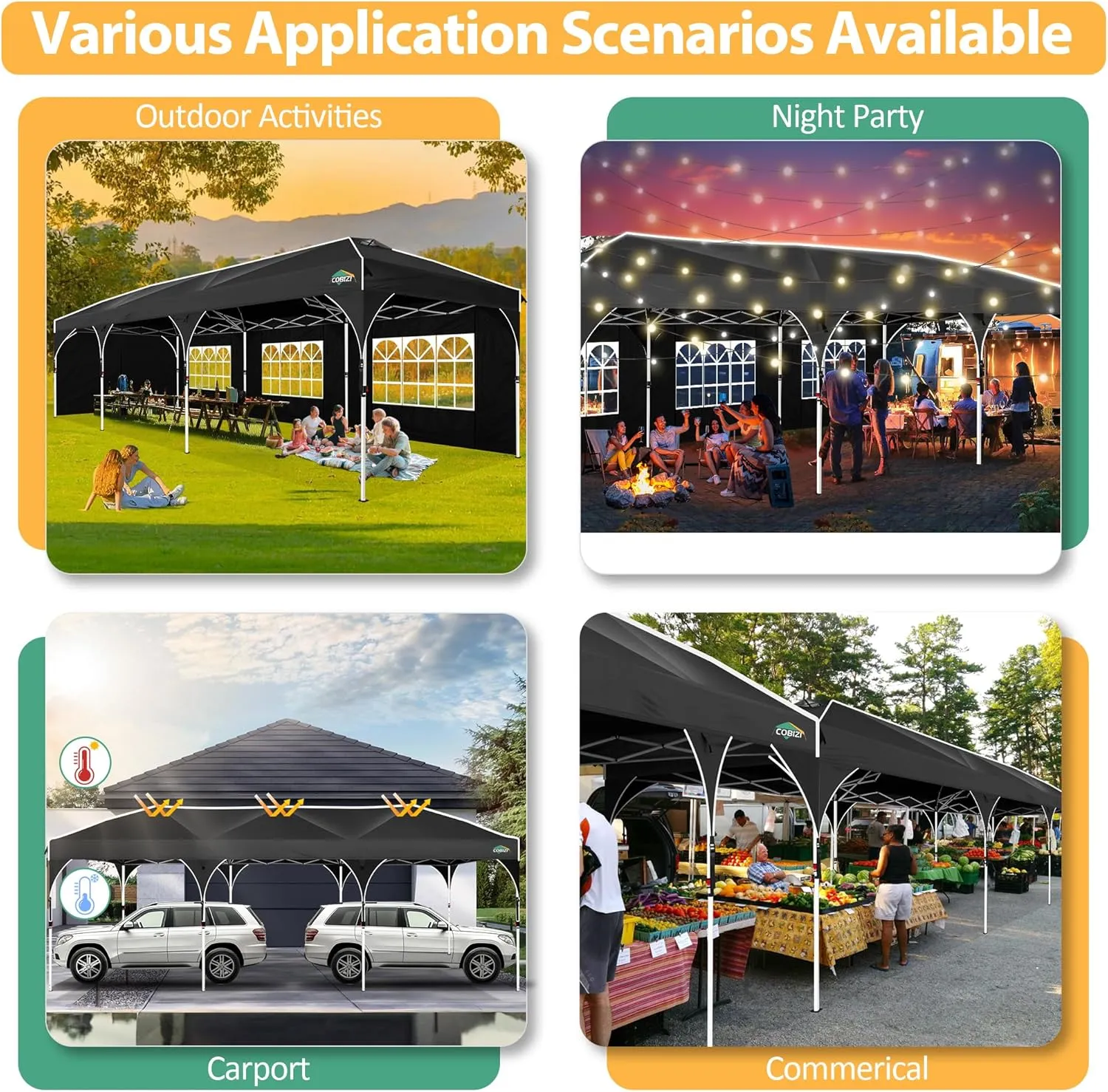 COBIZI 10x30 Party Tent: 10x30 Pop Up Canopy with Wheeled Bag - Tents for Parties with Patented Center-Lock Tech, 420D Waterproof Fabric, Easy Setup Canopy Tent with Removable Sidewalls, (Black)