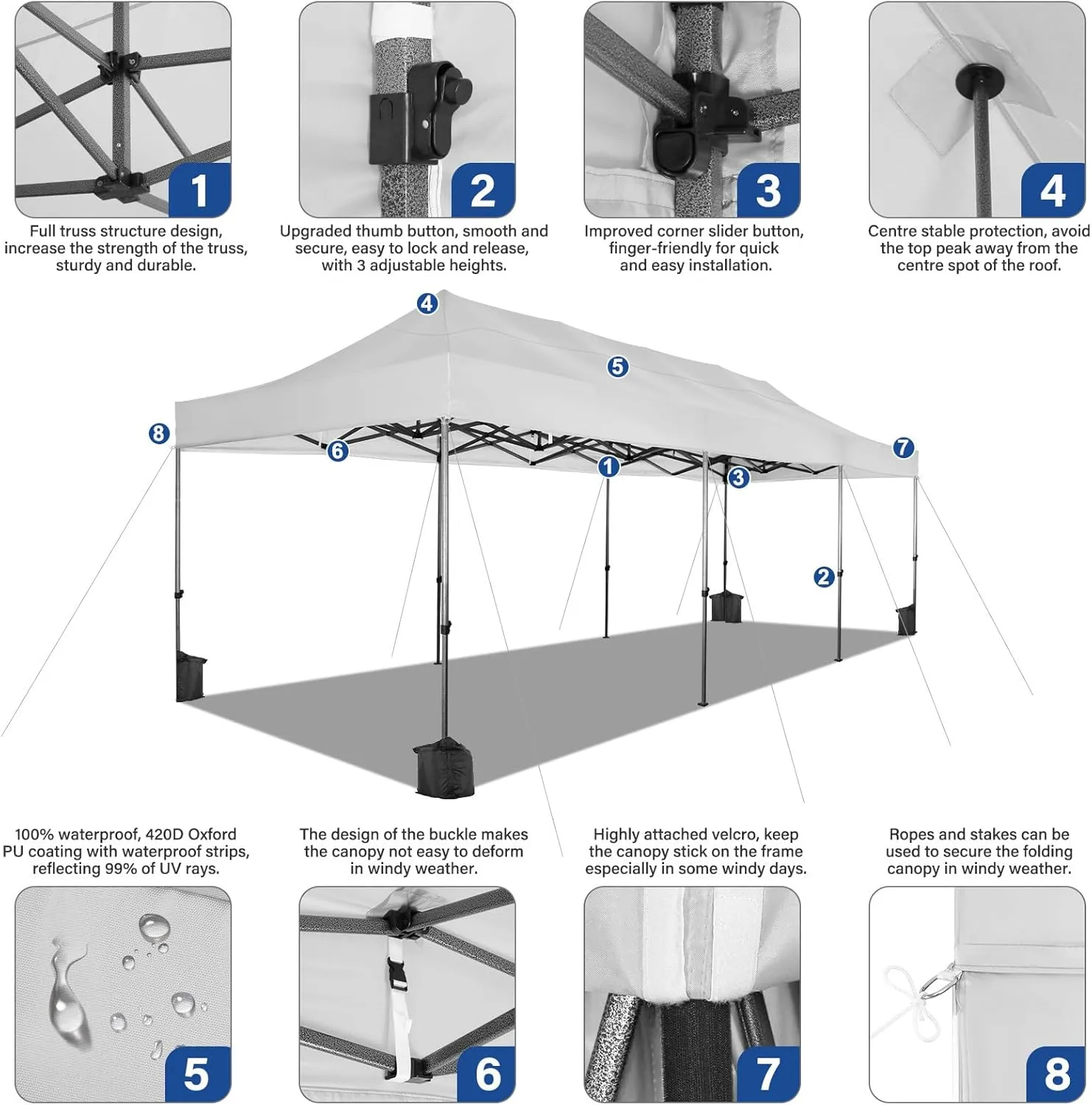 COBIZI 10x30 Pop up Canopy Tent Heavy Duty with 8 Sidewalls, Easy Set-up Commercial Outdoor Party Tent, 100% Waterproof Wedding Tent Gazebo, 3 Height Adjustable with Wheeled Bag, White