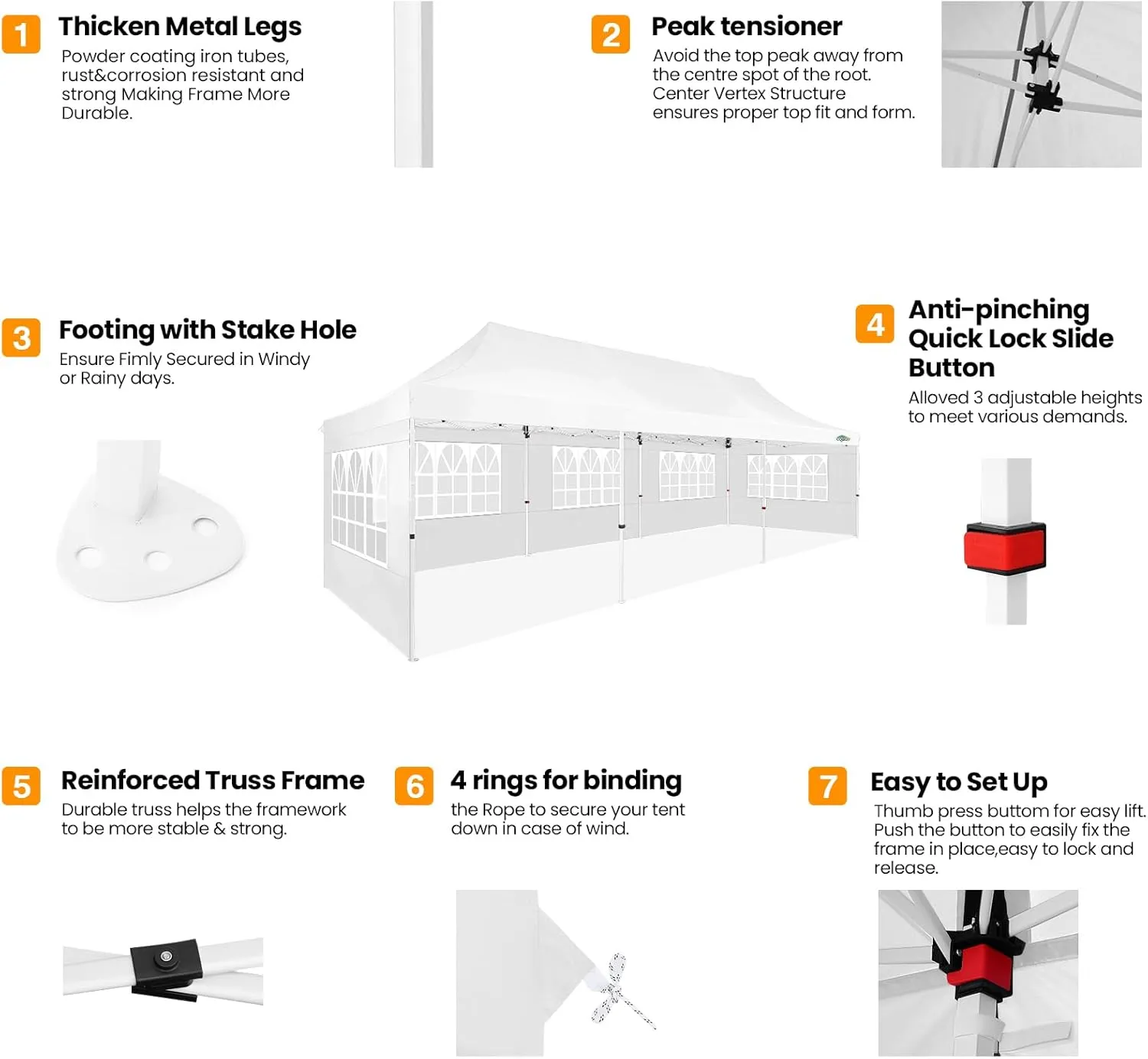 COBIZI 10x30 Pop up Canopy with 8 Removable Sidewalls, Outdoor Canopy Waterproof Commercial Tents for Parties Wedding, with Upgrade Raised Top Cover and Roller Bag, with 4 Sandbags(White)