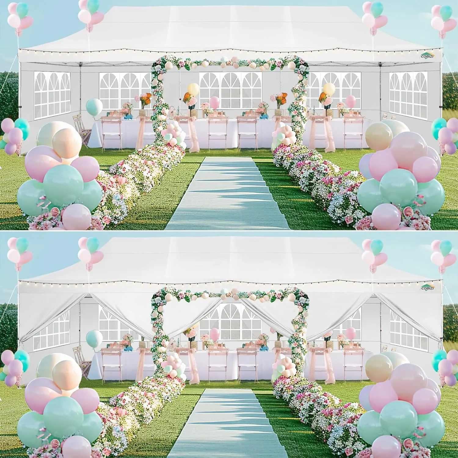 COBIZI 10x30 Pop up Canopy with 8 Removable Sidewalls, Outdoor Canopy Waterproof Commercial Tents for Parties Wedding, with Upgrade Raised Top Cover and Roller Bag, with 4 Sandbags(White)