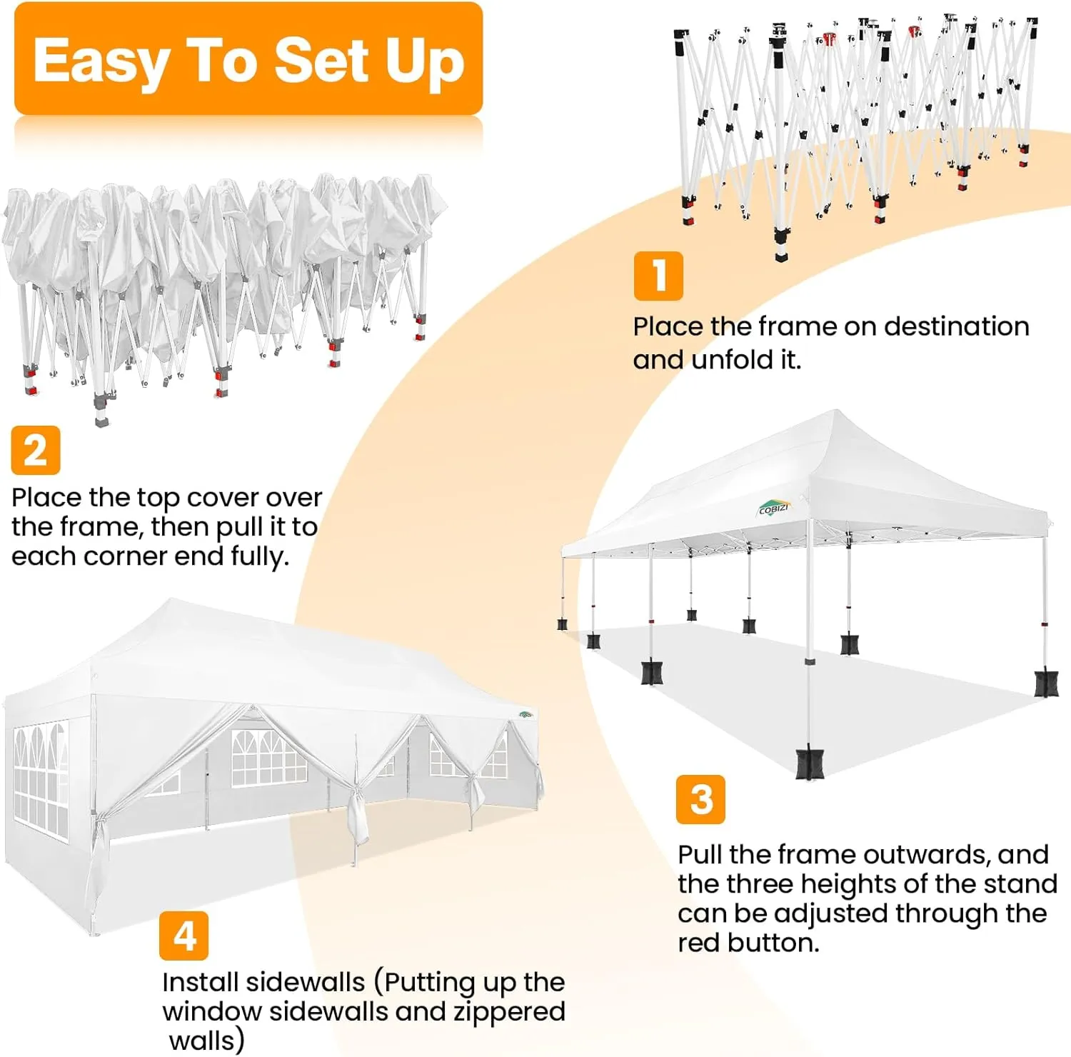COBIZI 10x30 Pop up Canopy with 8 Removable Sidewalls, Outdoor Canopy Waterproof Commercial Tents for Parties Wedding, with Upgrade Raised Top Cover and Roller Bag, with 4 Sandbags(White)
