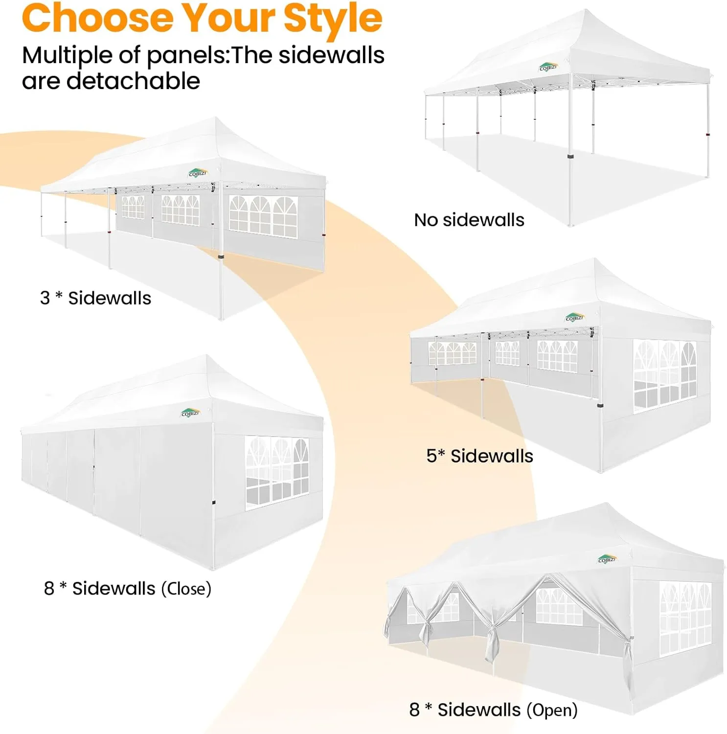 COBIZI 10x30 Pop up Canopy with 8 Removable Sidewalls, Outdoor Canopy Waterproof Commercial Tents for Parties Wedding, with Upgrade Raised Top Cover and Roller Bag, with 4 Sandbags(White)