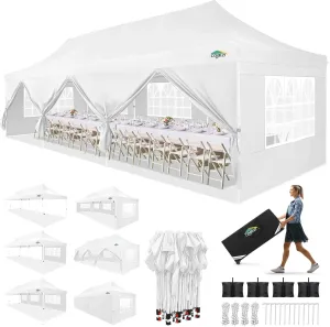 COBIZI 10x30 Pop up Canopy with 8 Removable Sidewalls, Outdoor Canopy Waterproof Commercial Tents for Parties Wedding, with Upgrade Raised Top Cover and Roller Bag, with 4 Sandbags(White)