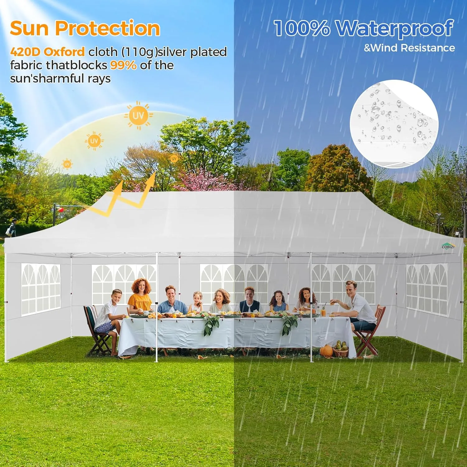 COBIZI 10x30 Pop up Canopy with 8 Removable Sidewalls, Outdoor Canopy Waterproof Commercial Tents for Parties Wedding, with Upgrade Raised Top Cover and Roller Bag, with 4 Sandbags(White)