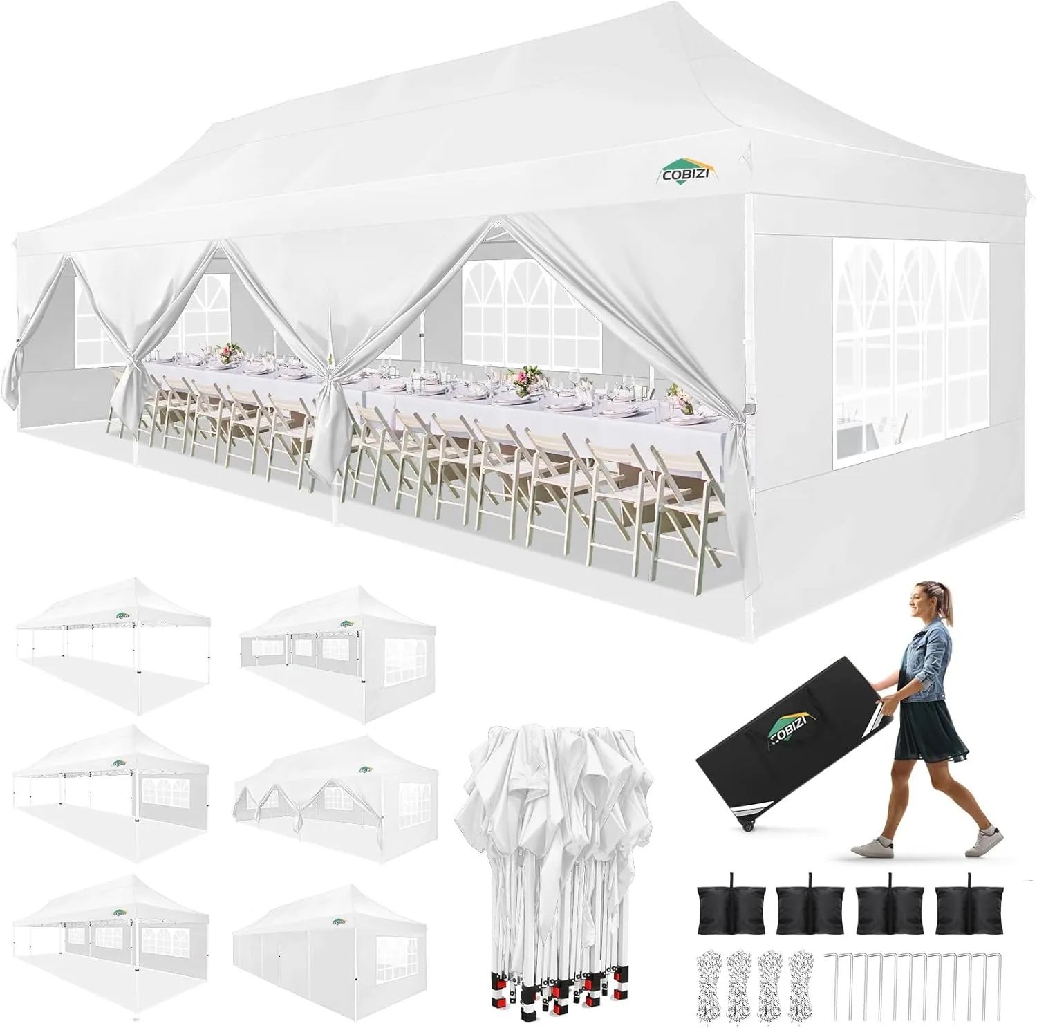 COBIZI 10x30 Pop up Canopy with 8 Removable Sidewalls, Outdoor Canopy Waterproof Commercial Tents for Parties Wedding, with Upgrade Raised Top Cover and Roller Bag, with 4 Sandbags(White)