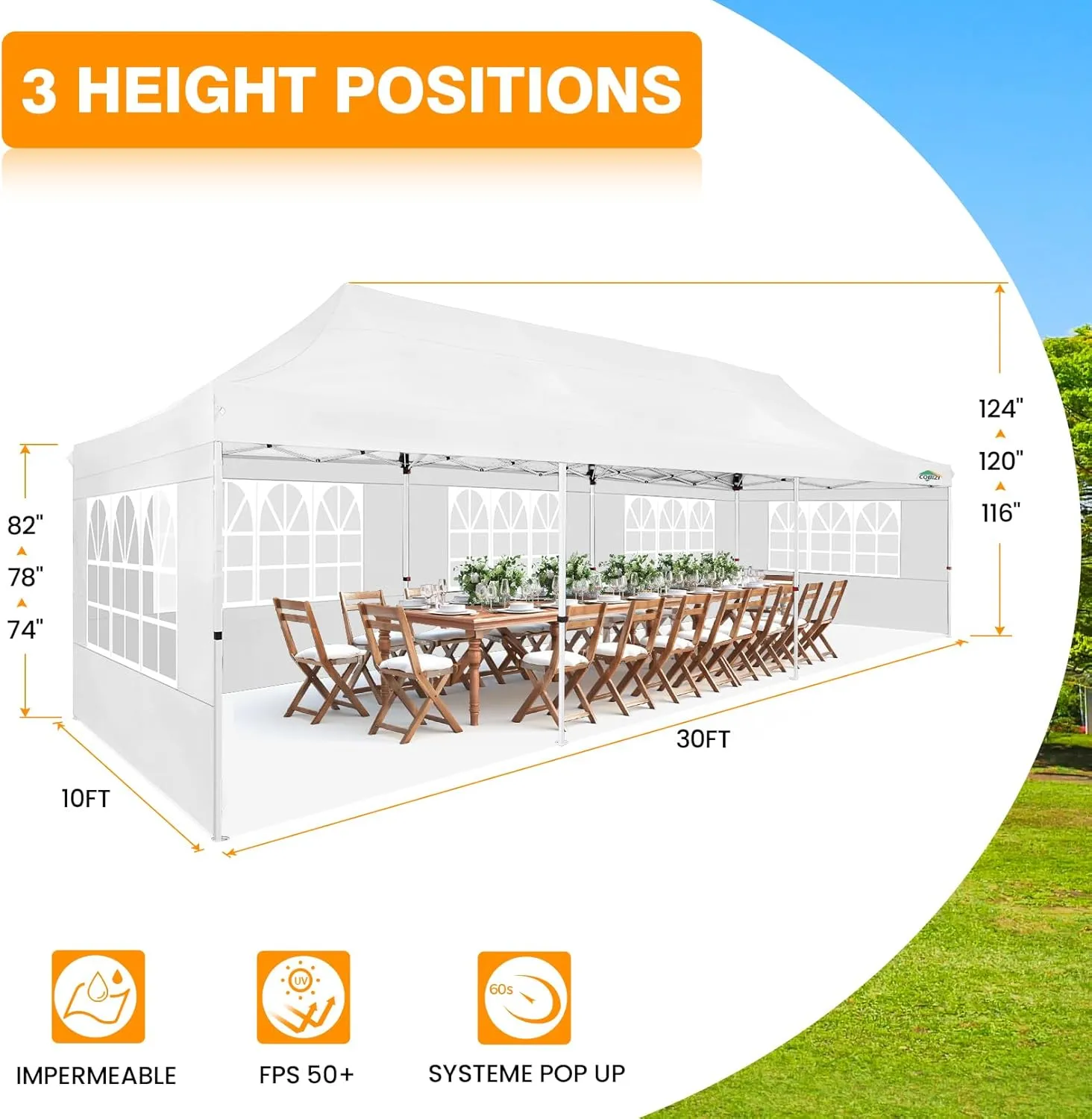 COBIZI 10x30 Pop up Canopy with 8 Removable Sidewalls, Outdoor Canopy Waterproof Commercial Tents for Parties Wedding, with Upgrade Raised Top Cover and Roller Bag, with 4 Sandbags(White)