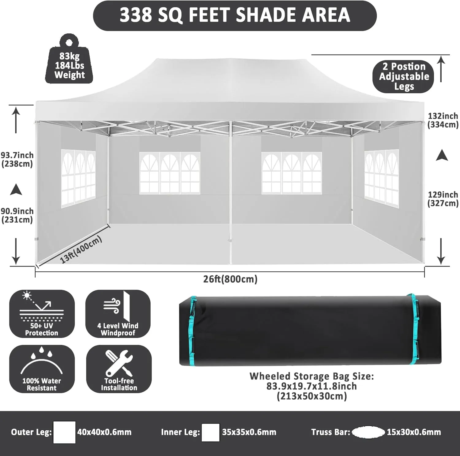 COBIZI 13x26 Pop Up Canopy with 6 Sidewall,Heavy Duty Canopy UPF 50  All Season Wind Waterproof Commercial Outdoor Wedding Party Tents for Parties Canopy Gazebo with Roller Bag(13 x 26 ft White)