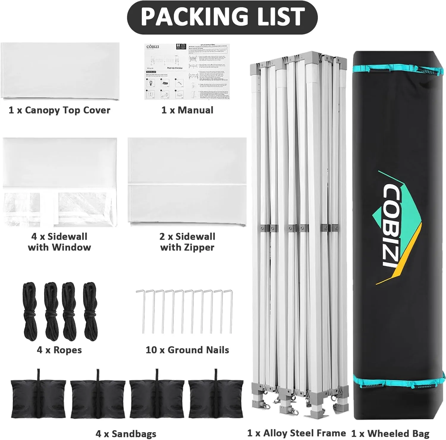 COBIZI 13x26 Pop Up Canopy with 6 Sidewall,Heavy Duty Canopy UPF 50  All Season Wind Waterproof Commercial Outdoor Wedding Party Tents for Parties Canopy Gazebo with Roller Bag(13 x 26 ft White)