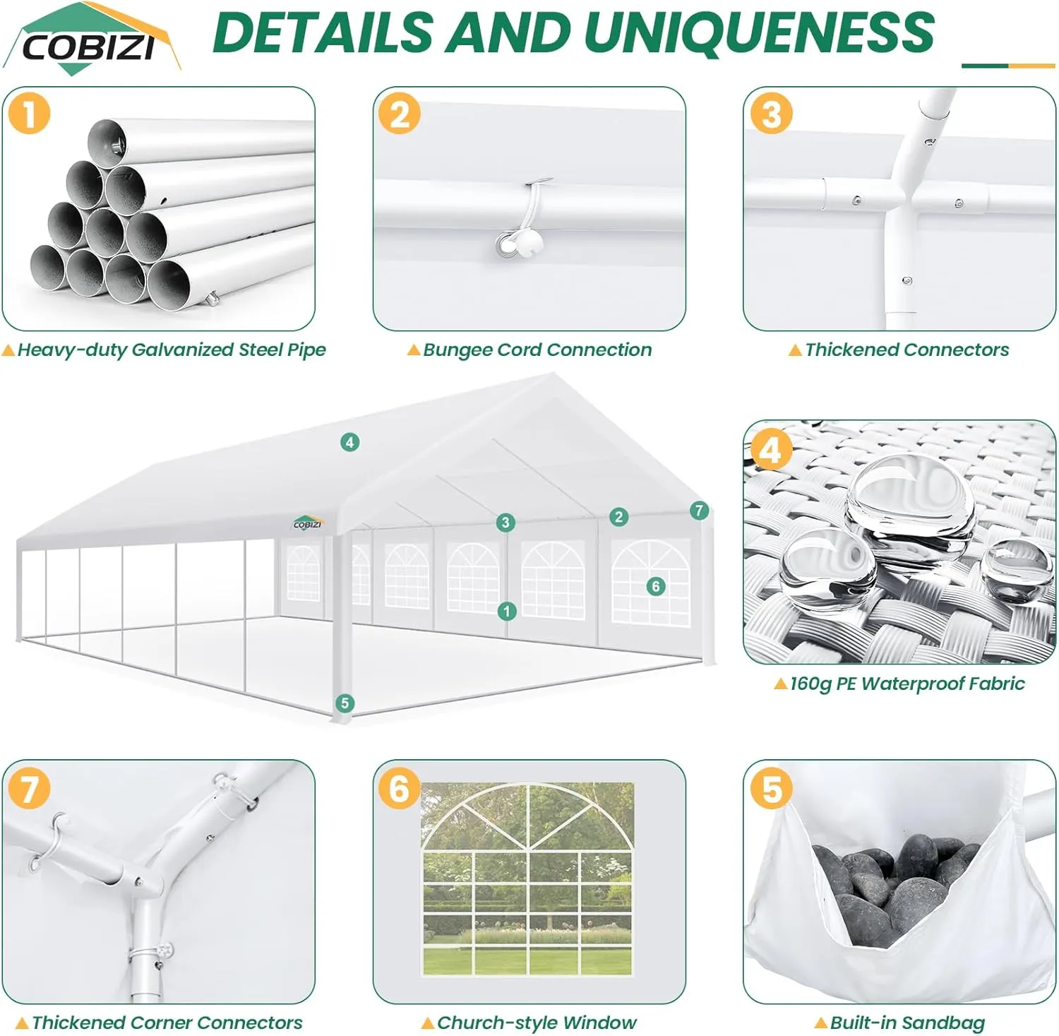 COBIZI 20x40 Party Tent Heavy Duty, Galvanized Wedding Tent, Event Shelter for Parties, Outdoor with Removable Sidewall & Built-in Sandbag, Carpas para Fiestas, Large Canopy, Waterproof, White