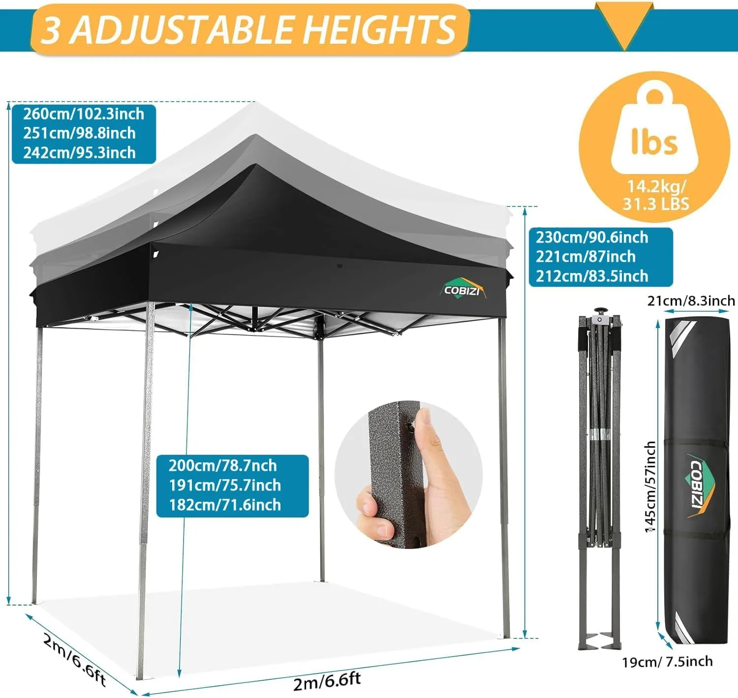 COBIZI 6.6x6.6 Pop Up Canopy Without Sidewall,Heavy Duty Canopy UPF 50  All Season Wind Waterproof Commercial Outdoor Party Tents for Parties Canopy Gazebo with Storage Bag(6.6 x 6.6 ft Black)