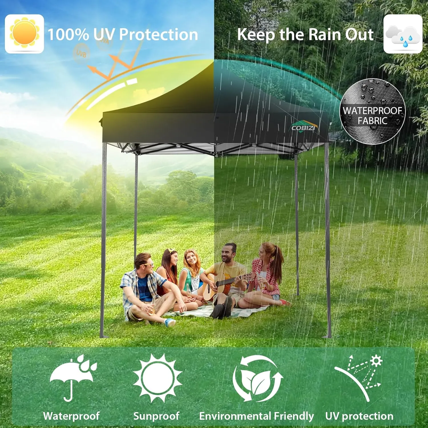 COBIZI 6.6x6.6 Pop Up Canopy Without Sidewall,Heavy Duty Canopy UPF 50  All Season Wind Waterproof Commercial Outdoor Party Tents for Parties Canopy Gazebo with Storage Bag(6.6 x 6.6 ft Black)