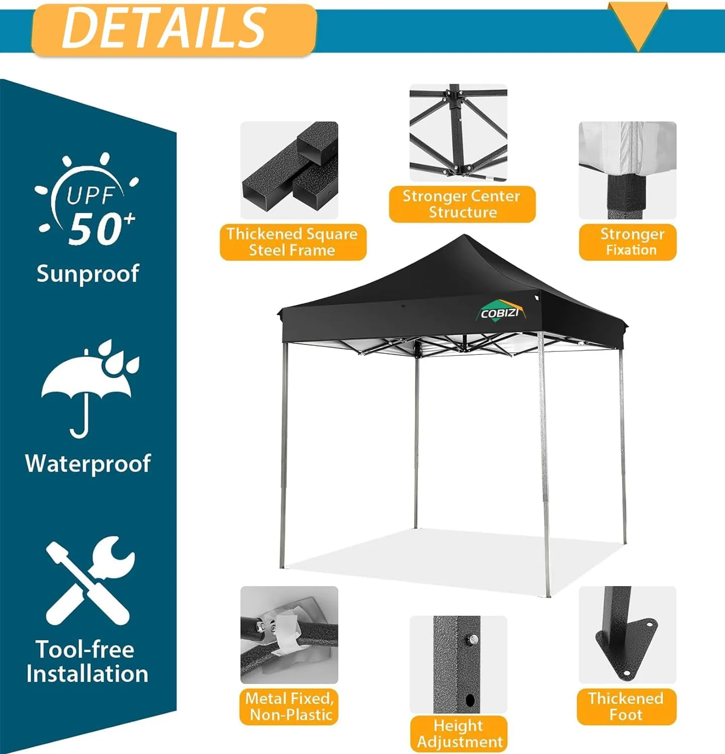 COBIZI 6.6x6.6 Pop Up Canopy Without Sidewall,Heavy Duty Canopy UPF 50  All Season Wind Waterproof Commercial Outdoor Party Tents for Parties Canopy Gazebo with Storage Bag(6.6 x 6.6 ft Black)