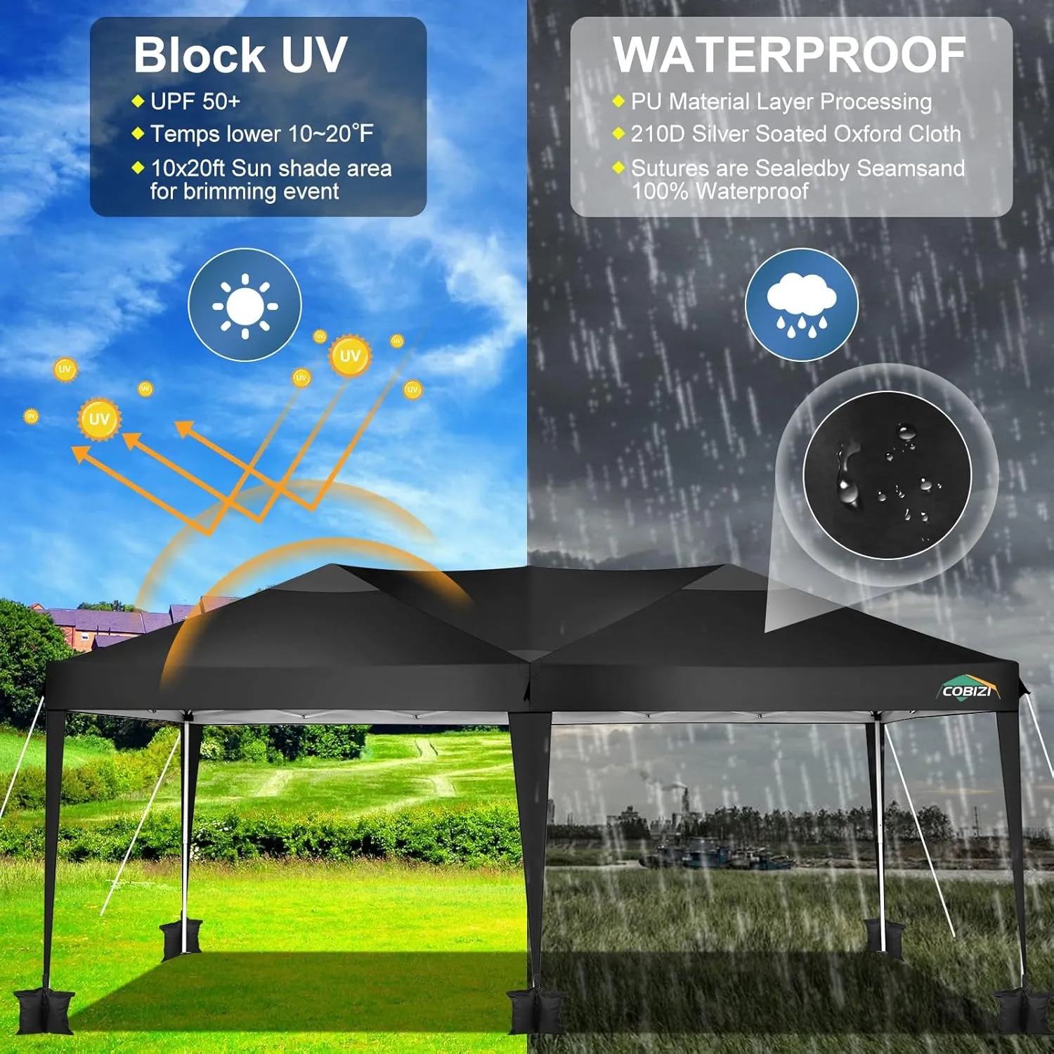 COBIZI Canopy 10x20 Pop Up Canopy Tent 10x20ft Waterproof Party Tent Ez Up Canopy Tents for Parties Wedding Outdoor Commercial Event Gazebo Portable Instant Tent for Backyard Camping Carport