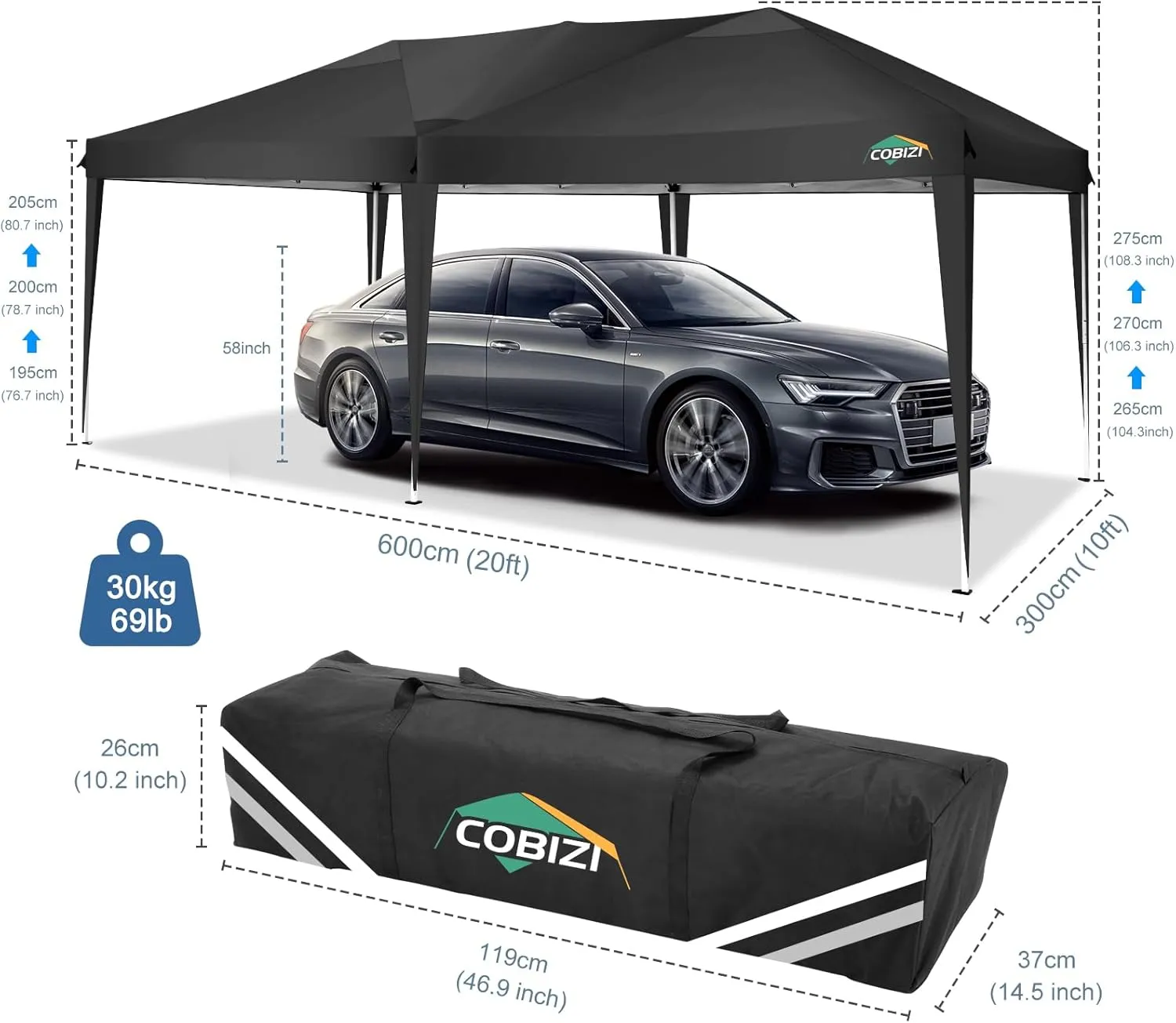 COBIZI Canopy 10x20 Pop Up Canopy Tent 10x20ft Waterproof Party Tent Ez Up Canopy Tents for Parties Wedding Outdoor Commercial Event Gazebo Portable Instant Tent for Backyard Camping Carport