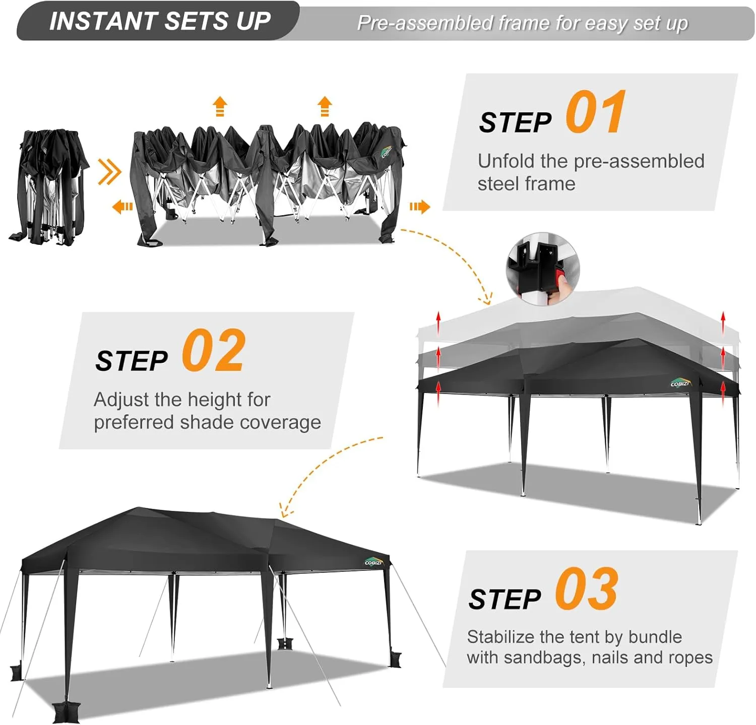 COBIZI Canopy 10x20 Pop Up Canopy Tent 10x20ft Waterproof Party Tent Ez Up Canopy Tents for Parties Wedding Outdoor Commercial Event Gazebo Portable Instant Tent for Backyard Camping Carport