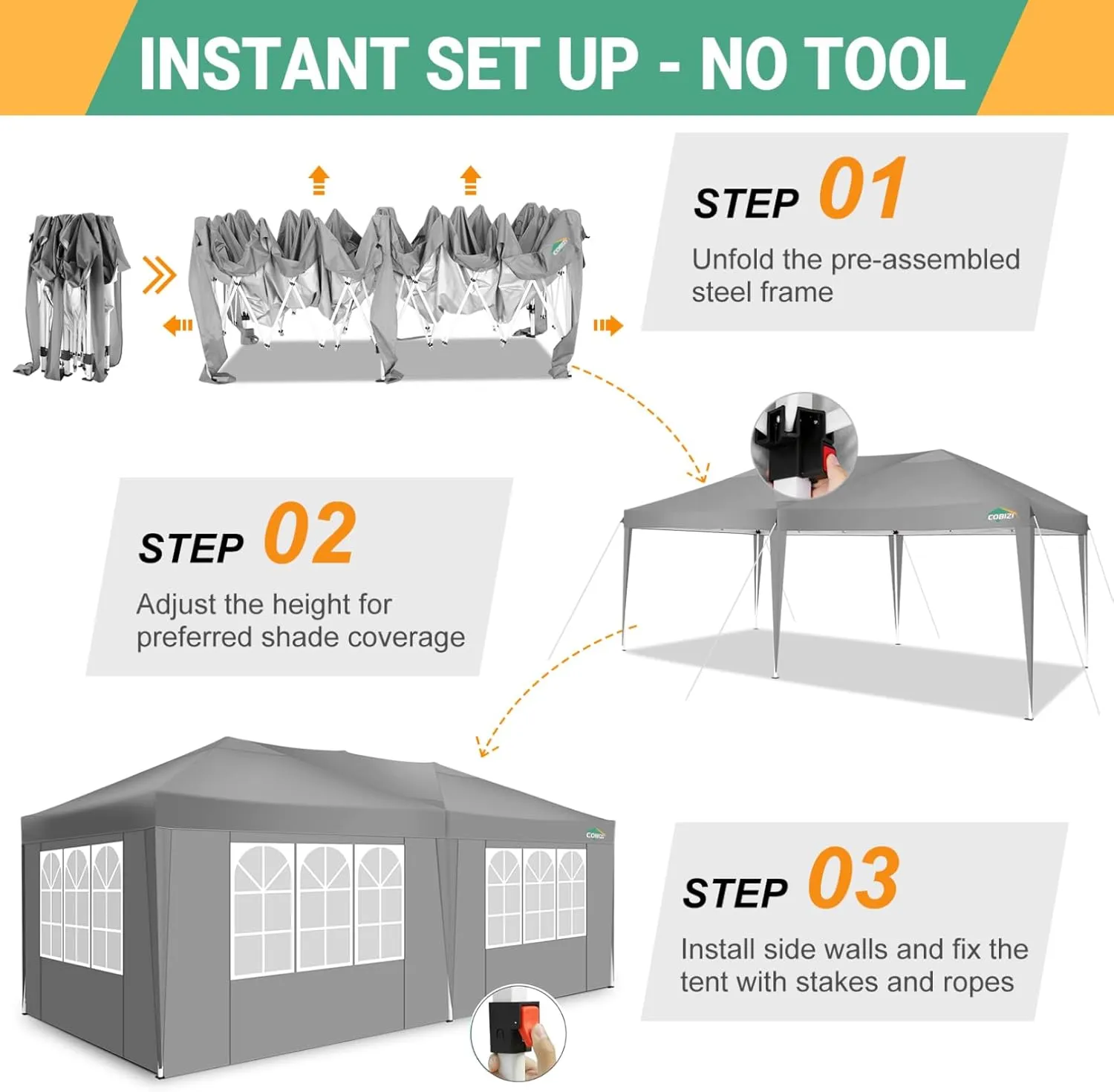 COBIZI Canopy 10x20 Pop Up Canopy Tent with 6 Sidewalls Easy Pop Up Tent 10x20 Waterproof Commercial Instant Shelter UPF 50  Portable Gazebo Wedding Tents for Parties Carport Vender Events