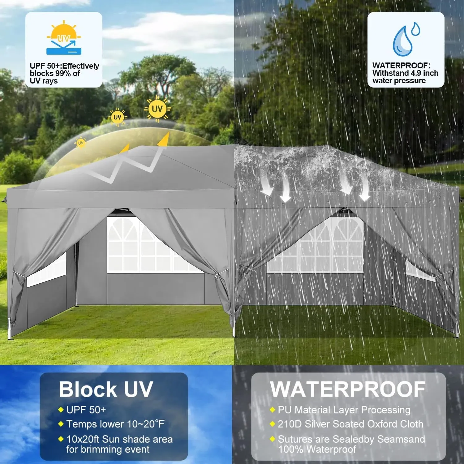 COBIZI Canopy 10x20 Pop Up Canopy Tent with 6 Sidewalls Easy Pop Up Tent 10x20 Waterproof Commercial Instant Shelter UPF 50  Portable Gazebo Wedding Tents for Parties Carport Vender Events
